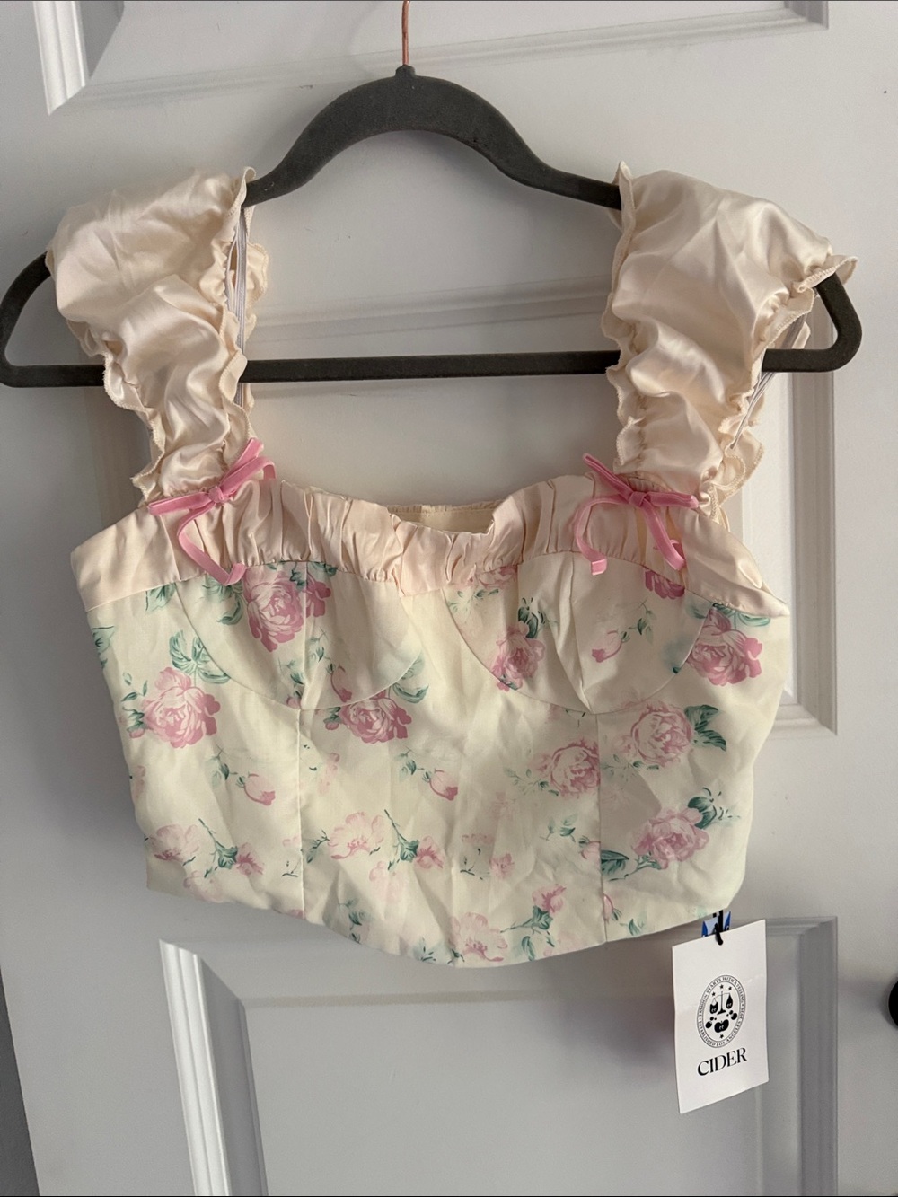 Floral Ruffle Strap Crop Top - Cream and Pink